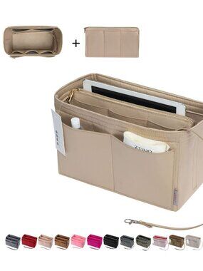Womens Purse Organizer Insert, Felt Bag Organizer with Metal Zipper Beige